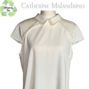 👛 Catherine Malandrino Pearl Embellished Collared Shirt Blouse Size Large  👚🤍